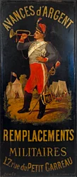 Francés: Au hussard. Cartel de la oficina de reemplazo militar. 17 rue des Petits- Carreaux, distrito 11, París