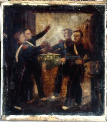 Francés: Aux quatre sergents de La Rochelle. Letrero del posadero. 3, boulevard Beaumarchais, 4º arrondissement, París