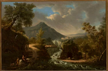Paisaje italiano con un río y personal
