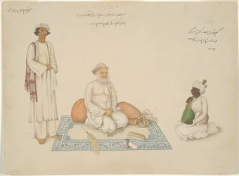 Shah Inayat Allah de Sind con su músico Makkhu y su ayudante Shaykh Qiyam al-Din, página del álbum Fraser.