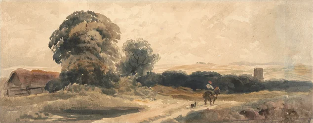 Una carretera rural con un viajero a caballo