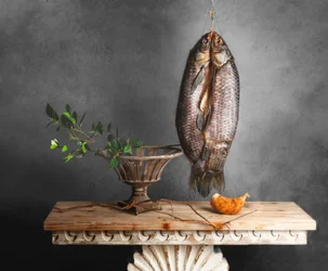 Naturaleza muerta rústica con pescado