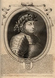 Dinastía Carolingia: Retrato de Carlos III el Gordo (839-888) Rey de los Francos - Carlos III el Gordo - grabado de 