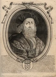Dinastía de los Merovingios: Retrato de Childerico III (714-755) Rey de los Francos - grabado de 