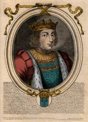 Retrato de Carlos V el Sabio (1338 - 1380) - Carlos V el Sabio, Rey de Francia de la Casa de Valois - grabado de 