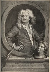 Retrato de Guillaume Coustou (1677-1746) escultor francés - grabado por Larmessin después de J.de Lien