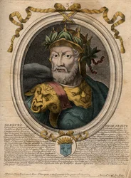 Retrato de Meroveo o Merovech, rey franco (v448-v458), primer rey de la raza merovingia - Retrato de Merovech (Meroveus) (d456) Rey de los Francos Salios - grabado de 