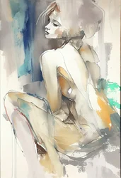 Hermosa mujer sentada, Acuarela pintura, pared Arte impresión bajo demanda