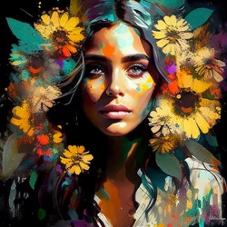 Belleza natural, niña mexicana rodeada de girasoles, impresión de Arte mural