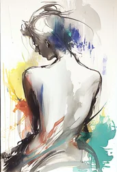 Dibujo en acuarela que retrata a una mujer sentada de espaldas hacia