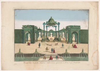 Vista de la pérgola y fuentes de un jardín perteneciente al Rey de Dinamarca Prospectus superbi aedifitii salientium aquarum in hortis regis Danorum (título sobre el objeto)