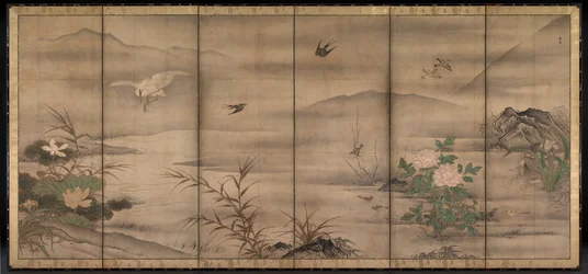Aves y Flores en un Paisaje de las Cuatro Estaciones