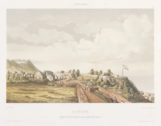 Vista de Fort Oranje y De Krater en St. Eustatius Vistas desde las Indias Occidentales de los Países Bajos (título de la serie)