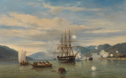 El acorazado a vapor HMS Medusa abriendo el estrecho de Shimonoseki
El HMS 