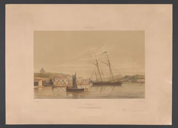 Puerto de Willemstad Curazao. Atracadero de buques de guerra en el puerto (título sobre el objeto) West Indies (título de la serie sobre el objeto) Vistas desde las Indias Occidentales de los Países Bajos (título de la serie)