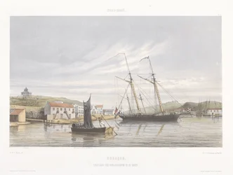 Muelle para buques de guerra en el puerto de Curaçao Vistas desde las Indias Occidentales de los Países Bajos (título de la serie)