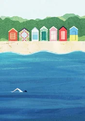 Cabañas de playa de colores: baño en el mar