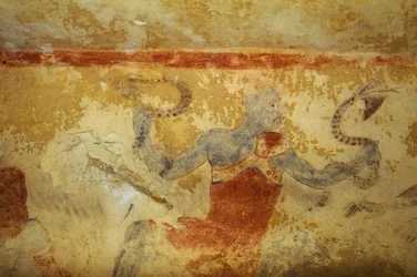 Demonio azul con serpientes, fresco, Tumba de los Demonios Azules, Necrópolis de Tarquinia (Lista del Patrimonio Mundial de la UNESCO, 2004), Lacio, Italia. Civilización etrusca, siglo V a.C.