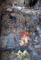 Cristo y ángeles, fresco en la iglesia bizantina de Agios Constantinos y Agia Eleni, Voukolies, Creta, Grecia