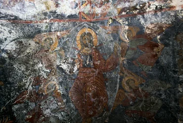 Cristo con ángeles y santo, fresco en la iglesia de Panagia, Kitiros, Creta, Grecia