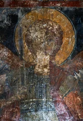 Figura de santo, fresco en la iglesia bizantina de Agios Constantinos y Agia Eleni, Voukolies, Creta, Grecia
