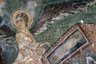 Frescos con ángel en la iglesia de Metamorphosis tou Sotiros, Kefali, Creta, Grecia