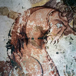 Caballo, fresco en la iglesia bizantina en Mournies, Creta, Grecia