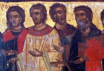 Figuras masculinas, panel de madera en la iglesia bizantina de Palea Roumata, Creta, Grecia