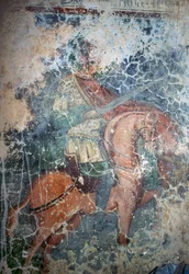 Hombre a caballo con espada, fresco en la iglesia bizantina de Agios Athanasios, Kefali, Creta, Grecia