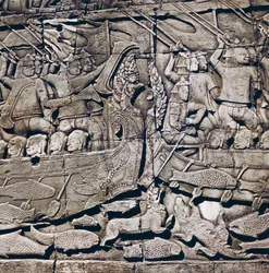 Batalla naval entre Cham y Khmer (detalle), bajorrelieve del Templo Bayon, Angkor Thom, sitio arqueológico de Angkor