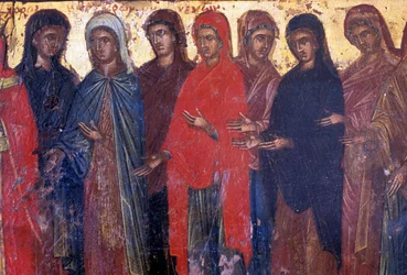 Mujeres piadosas, panel de madera en la iglesia bizantina de Palea Roumata, Creta, Grecia