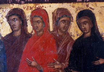Mujeres piadosas, panel de madera en la iglesia bizantina de Palea Roumata, Creta, Grecia