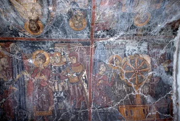 Fresco de temática religiosa, por Ioannis Pagomenos, fresco en la iglesia bizantina de San Jorge, Anidri, Creta, Grecia