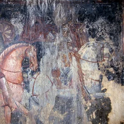 Santo a caballo, fresco en la iglesia en Palaia Roumata, Creta, Grecia