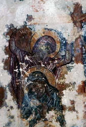 Santos, fresco dañado en la iglesia bizantina de Agios Constantinos y Agia Eleni, Voukolies, Creta, Grecia