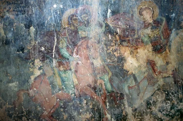 Santos a caballo, fresco en la iglesia bizantina de Agios Athanasios, Kefali, Creta, Grecia