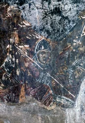 Soldado, fresco dañado en el techo de la iglesia de Agios Vasileios, Vavouledo, Creta, Grecia