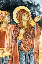 San Longinos y María, escena de la Crucifixión, fresco en el monasterio de Mikro Sotiris, isla de Symi, Grecia