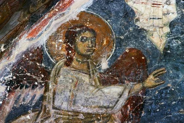 Ángel, fresco en la iglesia bizantina de Agios Georgios Sfakiotis, Diavaide, Creta, Grecia
