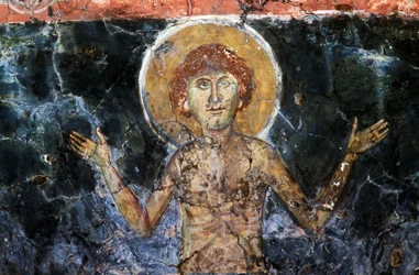 Cristo, fresco en la iglesia bizantina de Agios Georgios Sfakiotis, Diavaide, Creta, Grecia