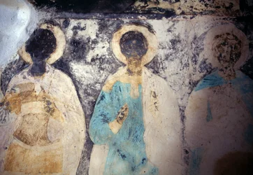 Figuras de santos, fresco en el monasterio de Taxiarhis Mihail Roukouniotis, Panormitis, isla de Symi, Grecia