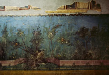 Fresco que representa un jardín con árboles y pájaros, de la Casa de Livia en el monte Palatino, Roma, Italia. Civilización romana
