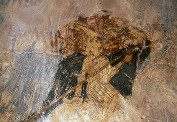 Hombre a caballo, fresco en la Iglesia de Agios Georgios, Komitades, Creta, Grecia