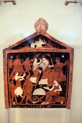 Tabla de Ninnion, exvoto que representa a Iaco liderando la procesión frente a Deméter y Perséfone, ca 370 a.C., encontrada en el Santuario de Eleusis, Grecia, civilización griega, finales del siglo IV a.C.