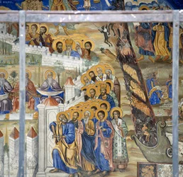San Pedro abriendo las puertas del Cielo, fresco del Juicio Final en el Monasterio de Timios Prodromos, Serres, Macedonia Central, Grecia