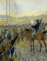 Campaña de Austria (1805): Proclamación del Emperador Napoleón I Bonaparte (1769-1821) a las tropas antes de la Batalla de Austerlitz el 2 de diciembre de 1805. En “Napoleón” de Georges Montorgueil. Ilustración de Jacques Marie Gaston Onfray de Breville di