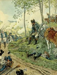 Campaña de Italia (1799-1800): Napoleón I Bonaparte (1769-1821) en la batalla de Marengo el 14 de junio de 1800 en Piamonte (Italia), entre los ejércitos napoleónico y austríaco. Ilustración de Jacques Marie Gaston Onfray de Bréville, llamado JOB