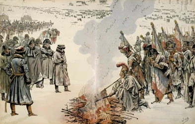 Campaña de Rusia (1812): Durante la retirada de Rusia, Napoleón I Bonaparte (1769-1821) ordenó quemar banderas y águilas para evitar que el enemigo las tomara. En "Napoleón" de Georges Montorgueil. Ilustración de Jacques Marie Gaston Onfray