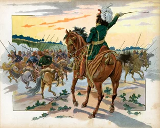 Durante la campaña rusa, Joachim Murat (1767-1815) avanzó solo contra los cosacos y los puso en retirada solo con su presencia. Grabado de Jacques Marie Gaston Onfray de Breville, conocido como Job (1858-1931)