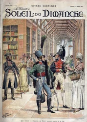 Cada uno su propia flor. Un soldado compró flores a una vendedora en una galería cubierta en París en 1816. De una acuarela de Mr. Job. Grabado en 